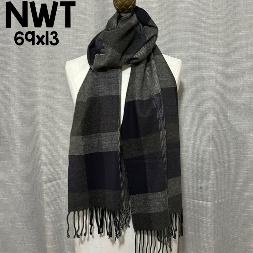 NWT Scarf-Plaid in Navy/Gray/Black-69x13-Acrylic-Rainforest Brand